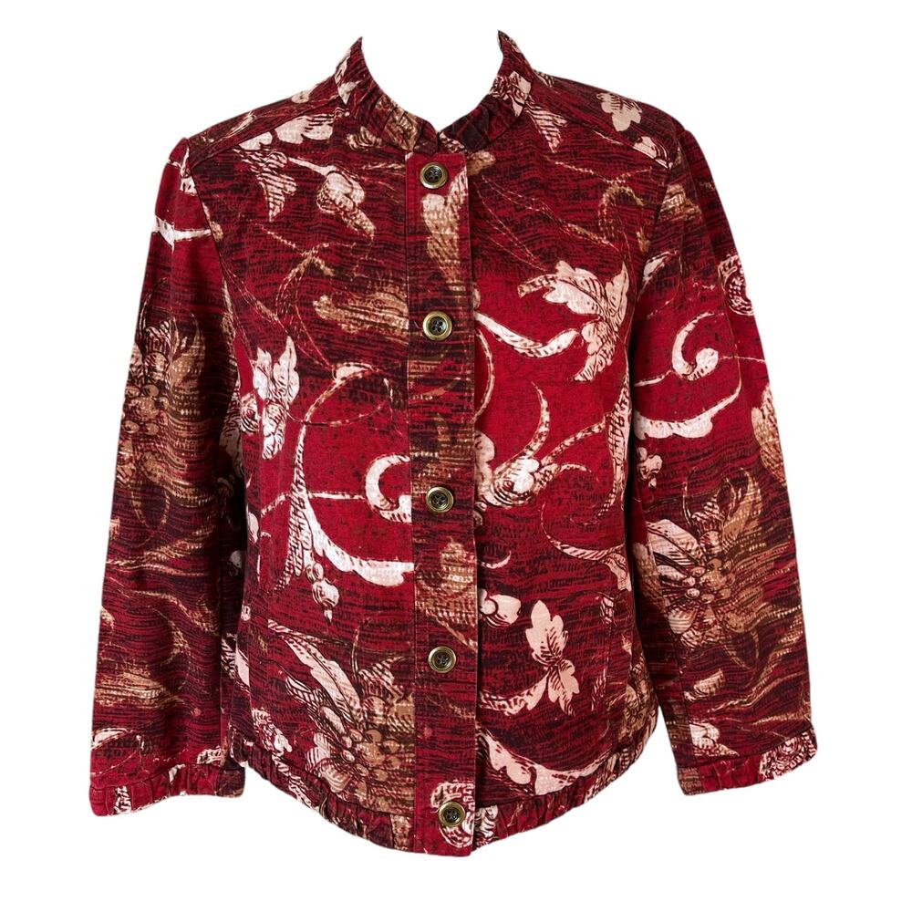 Chico’s Jacket Women Sz 2 Large Red Twill Floral Button Up Artsy Mandarin Collar